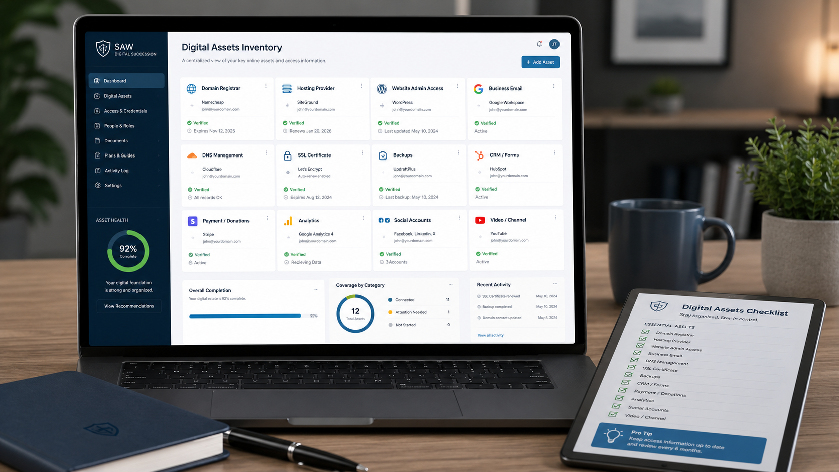 Digital assets inventory dashboard for website continuity planning