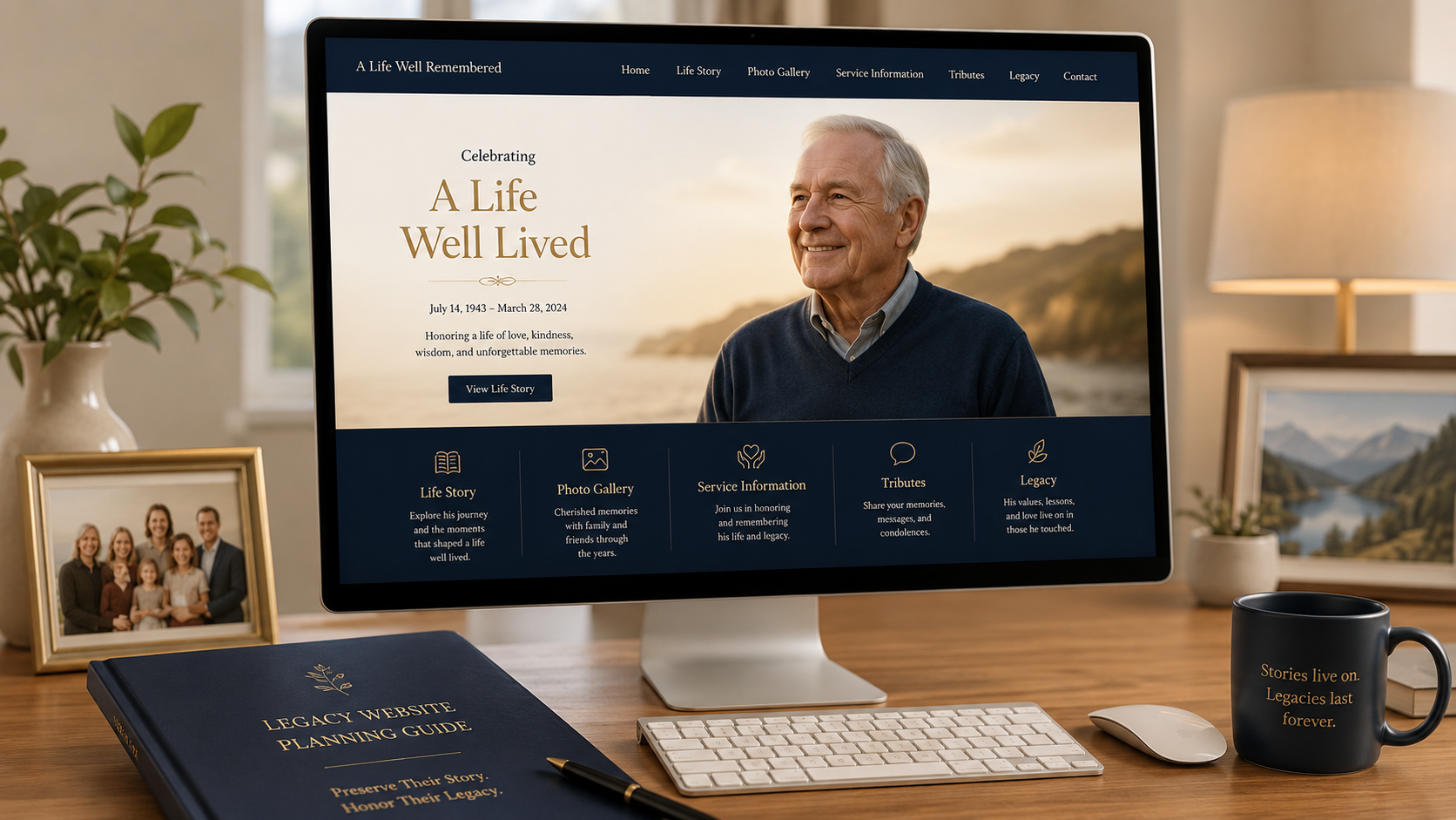 Legacy memorial website concept preserving story photos and public communication