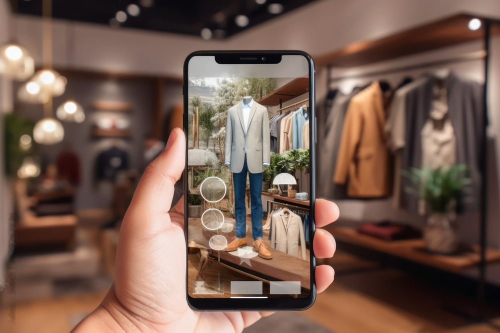 A man's hand holding up a mobile device that shows a suit on it.